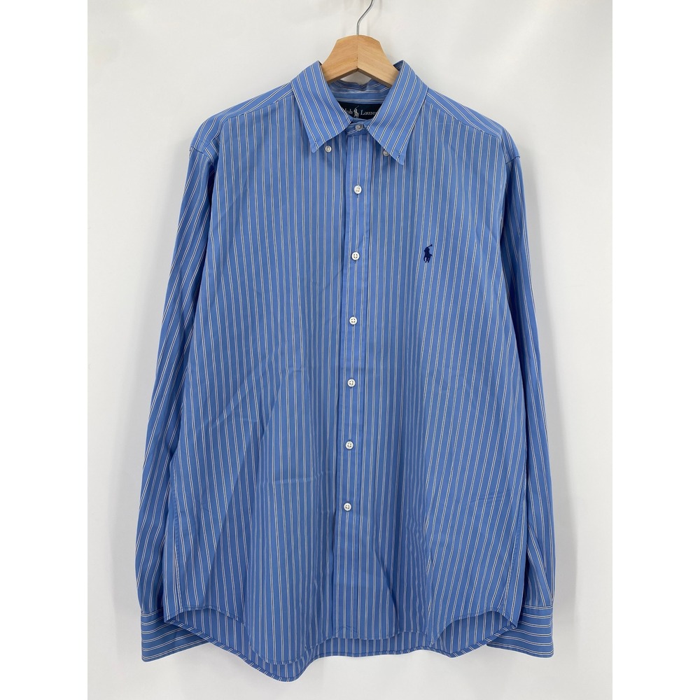 Ralph Lauren Button Down Shirt Mens 16 34/35 Blue Striped Classic Fit LS